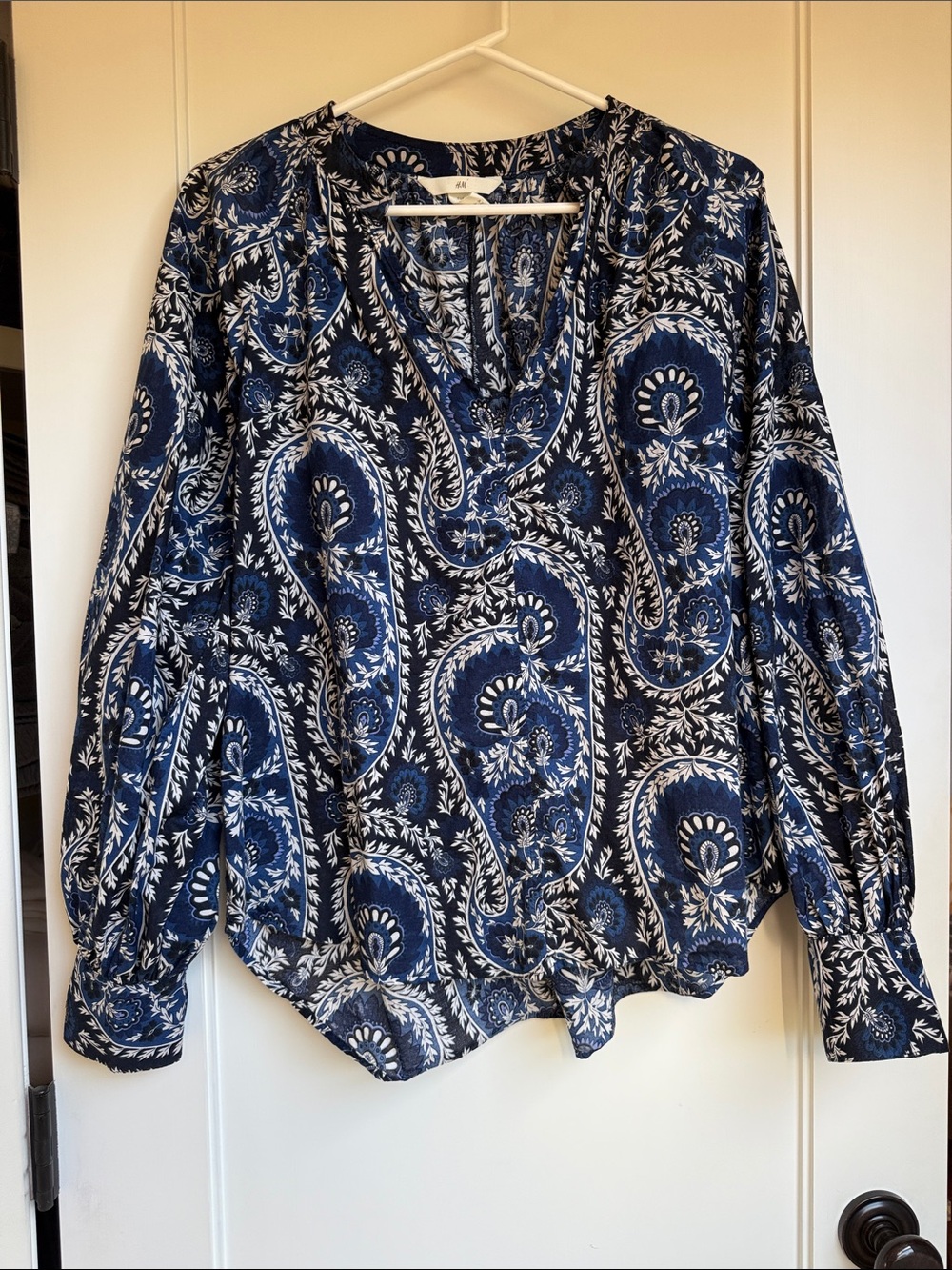 H&M Navy and White Paisley V-Neck Long Sleeve Blouse